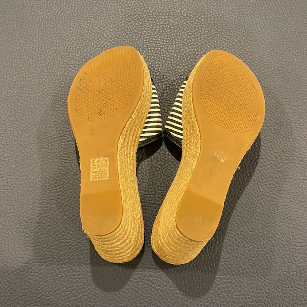 Tory Burch Navy and Ivory Striped Canvas Logo slide Rope Wedges Size 8 - Picture 7 of 8